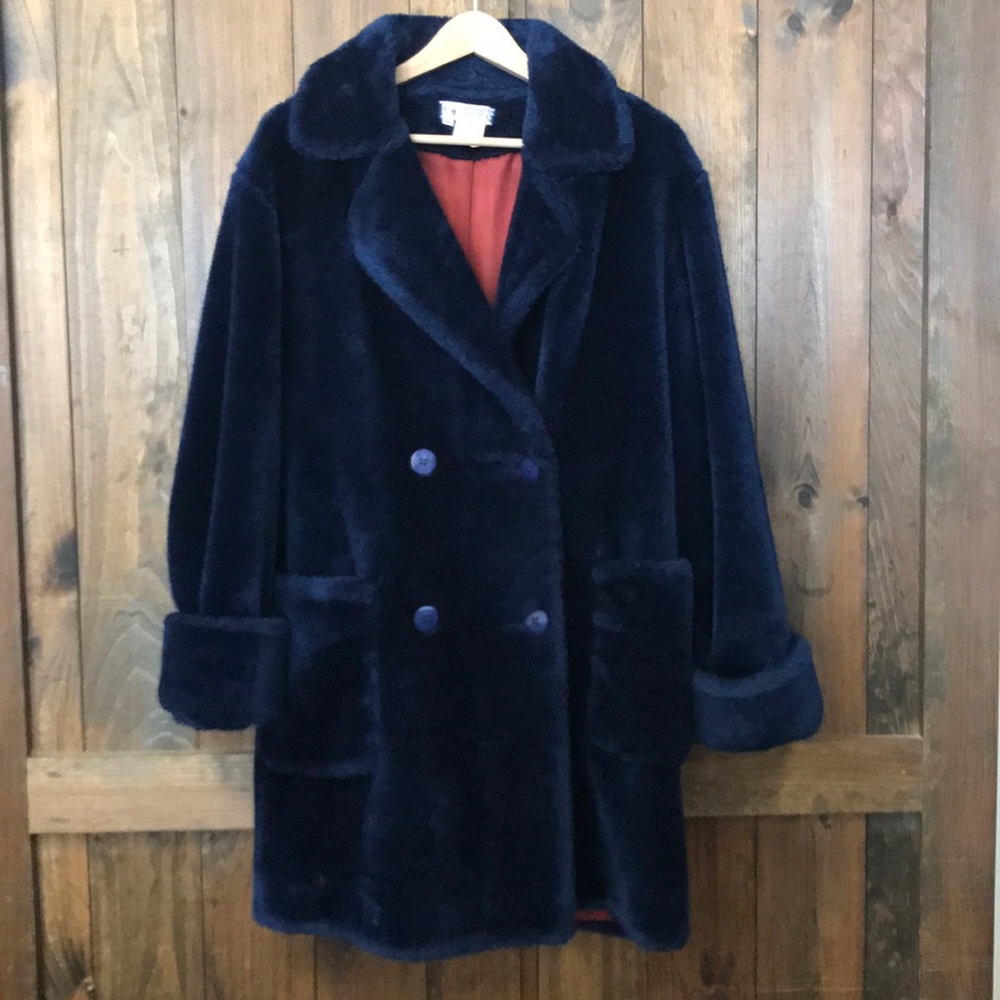 Vintage blue faux fur button front jacket.